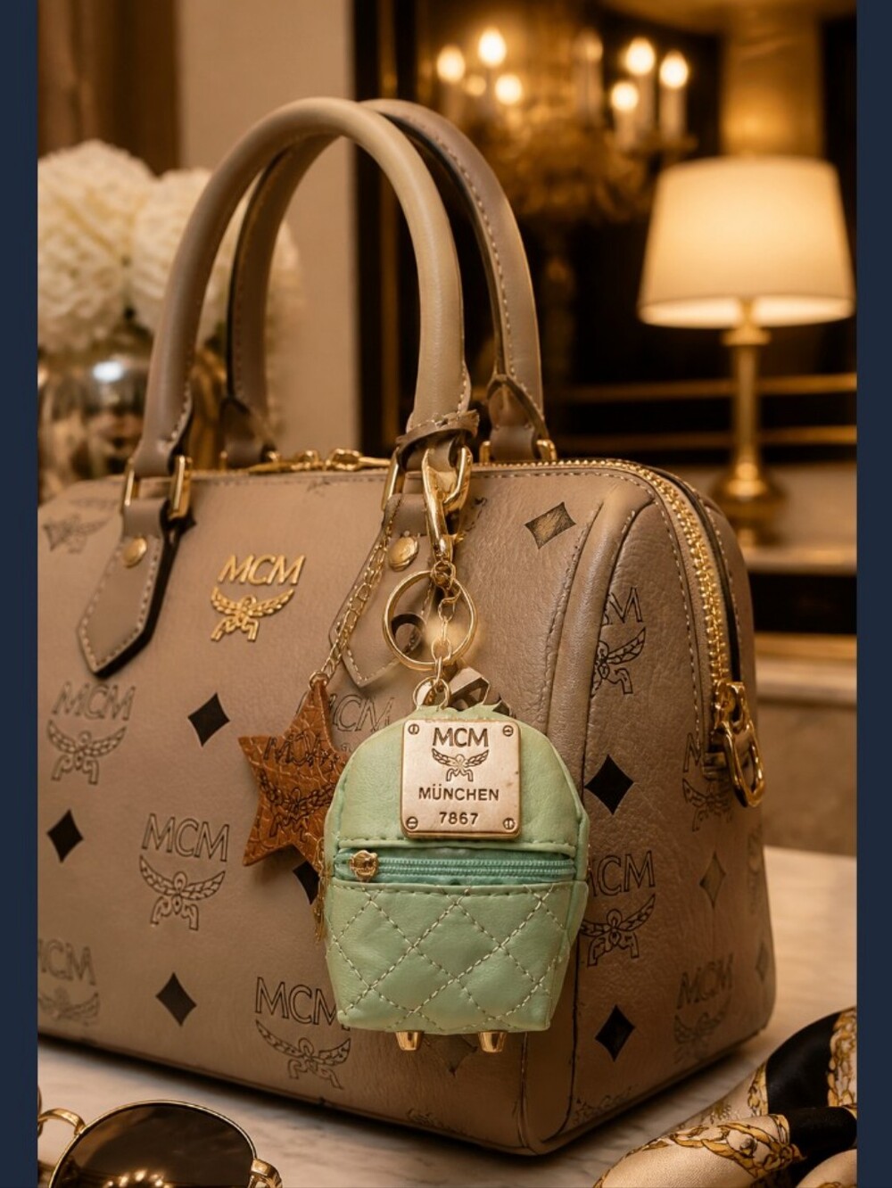 MCM Brown Leather Star Accent Mint Green Quilted Mini Backpack Keychain Charm